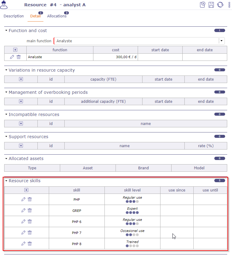 Resources screen with several skills and skill levels