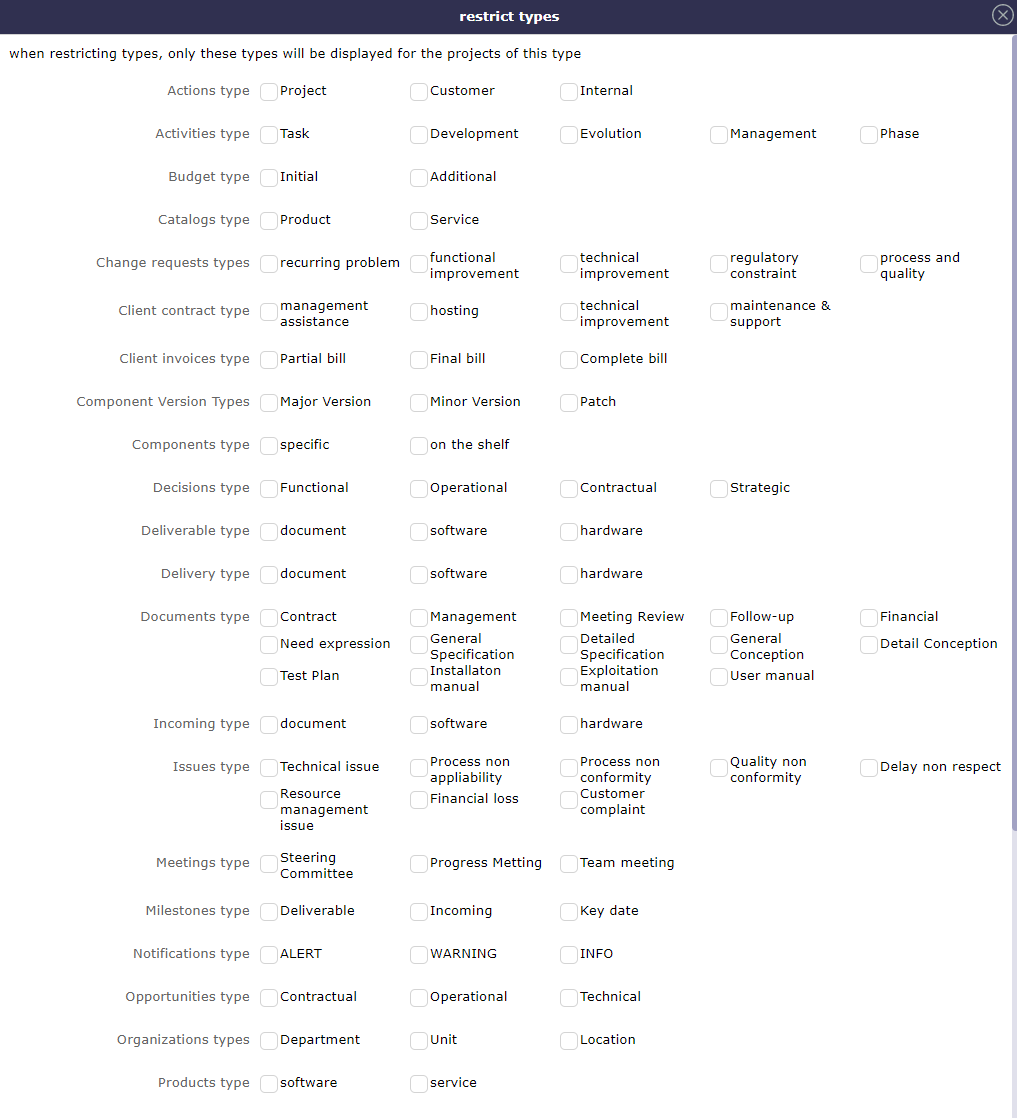Dialog box - Restrict types for the project