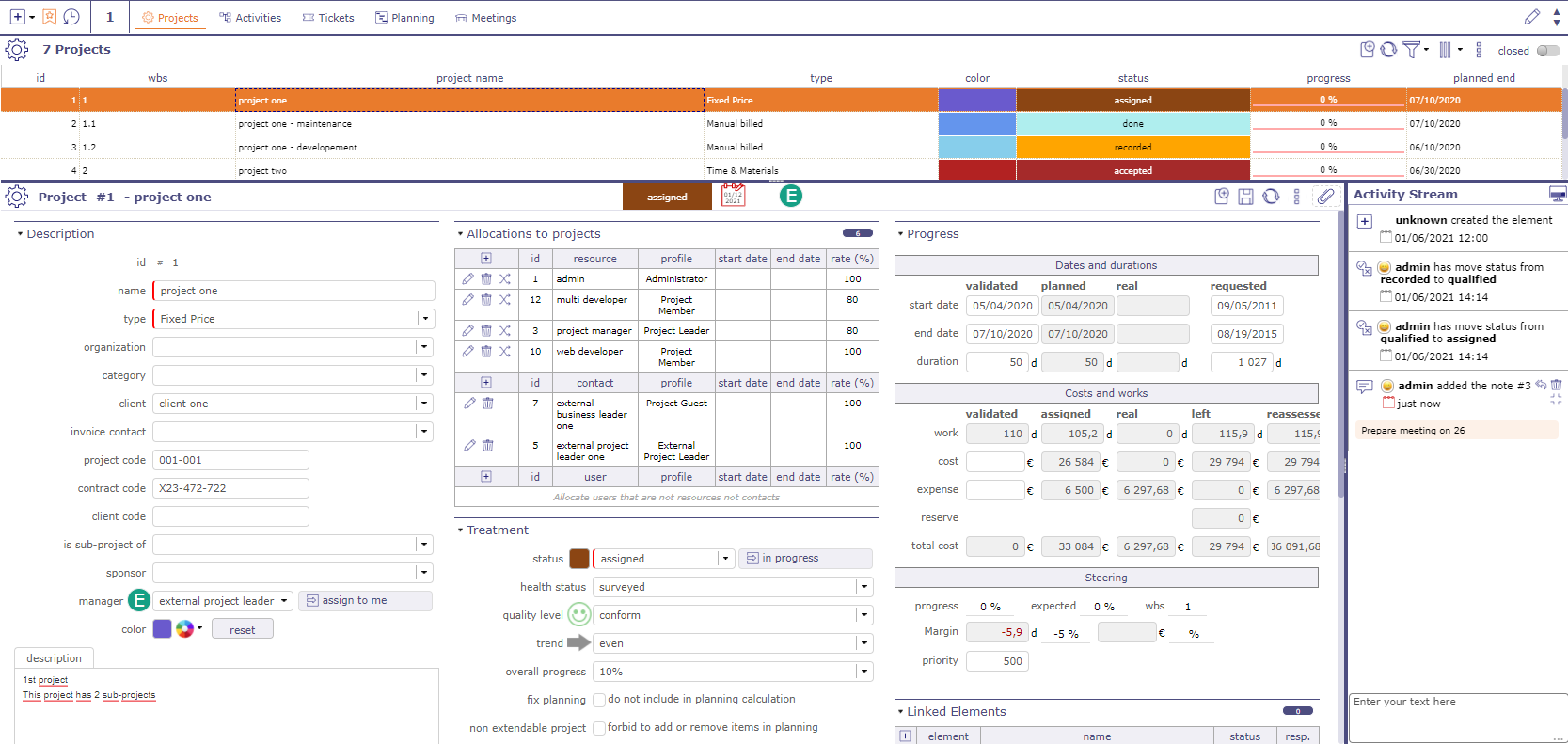 Activity stream on the screen of a ticket element